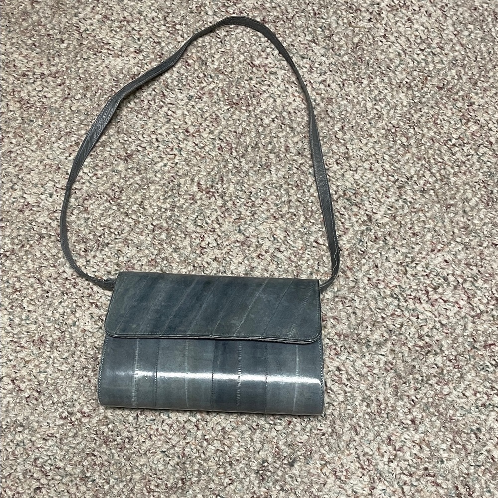 Vintage genuine eel skin Gray Shoulder Bag with detachable strap